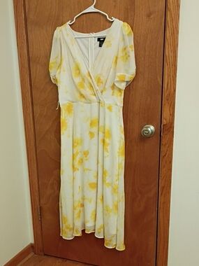 DKNY White & Butter Yellow Floral Wrap Midi Dress